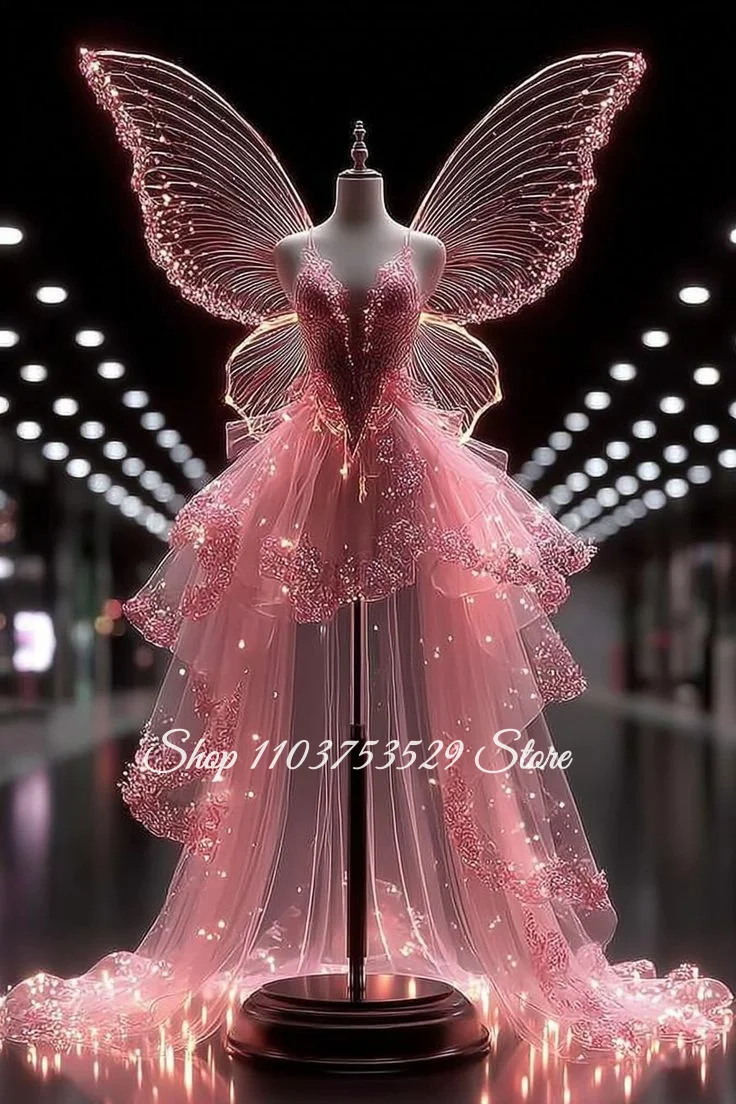 Rosa Schmetterlings-Feen-Ballkleid, maßgeschneidertes kurzes Spitzen-Traumabendkleid, Kleid für besondere Anlässe, Cosplay, Halloween (ohne Flügel)