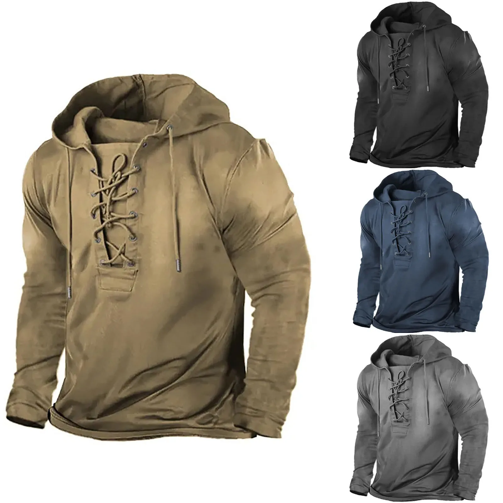 Vintage Tie-Up Drawstring Hoodies Men Fall Long Sleeve Solid Color Leisure Hooded Sweatshirts For Mens Fashion Loose Hoodie Tops