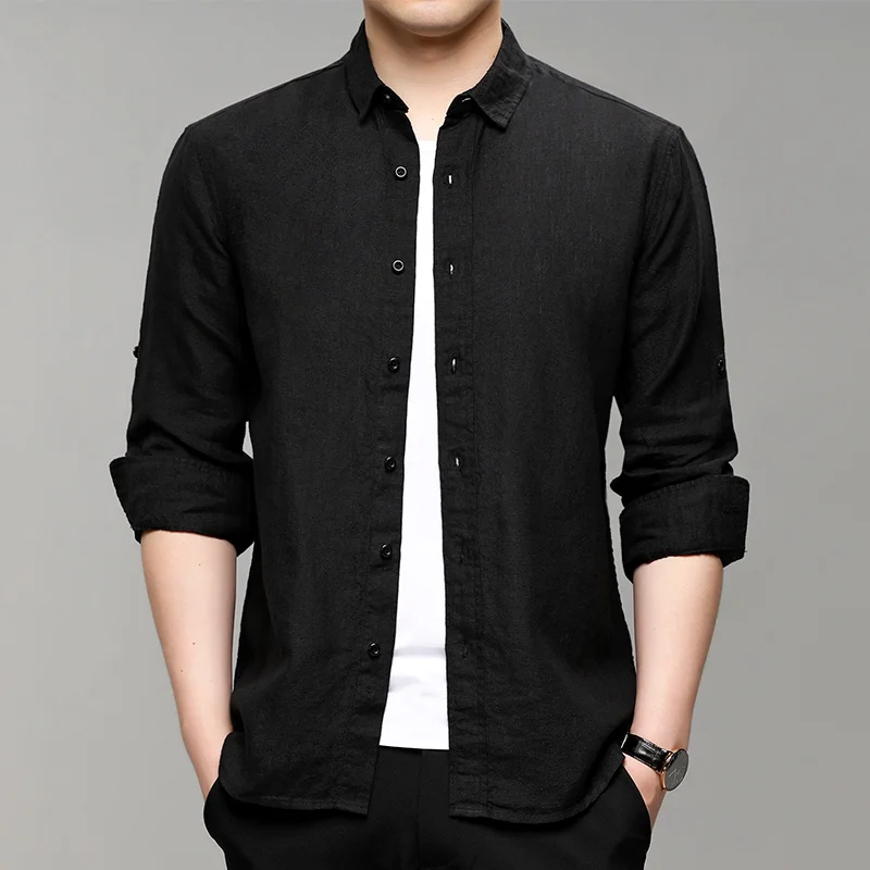 100% Cotton Line Hot Sale Men's Long-Sleeved Shirts Summer Solid Color Stand-Up Collar Casual Beach Style