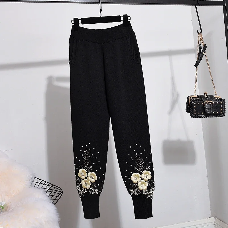 Autumn New Tracksuit Women Beading Flower Knitted Sweater + Pencil Pants Two Piece Set Female Casual Pullover Tops Trousers Suit