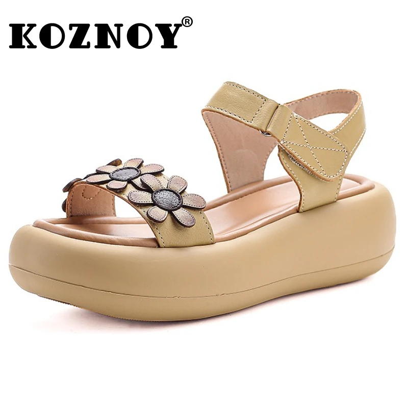 

Koznoy 5cm Cow Genuine Leather Women Moccasins Hook Platform Wedge Summer Sandals Ladies Fashion Peep Toe Ethnic Shoes