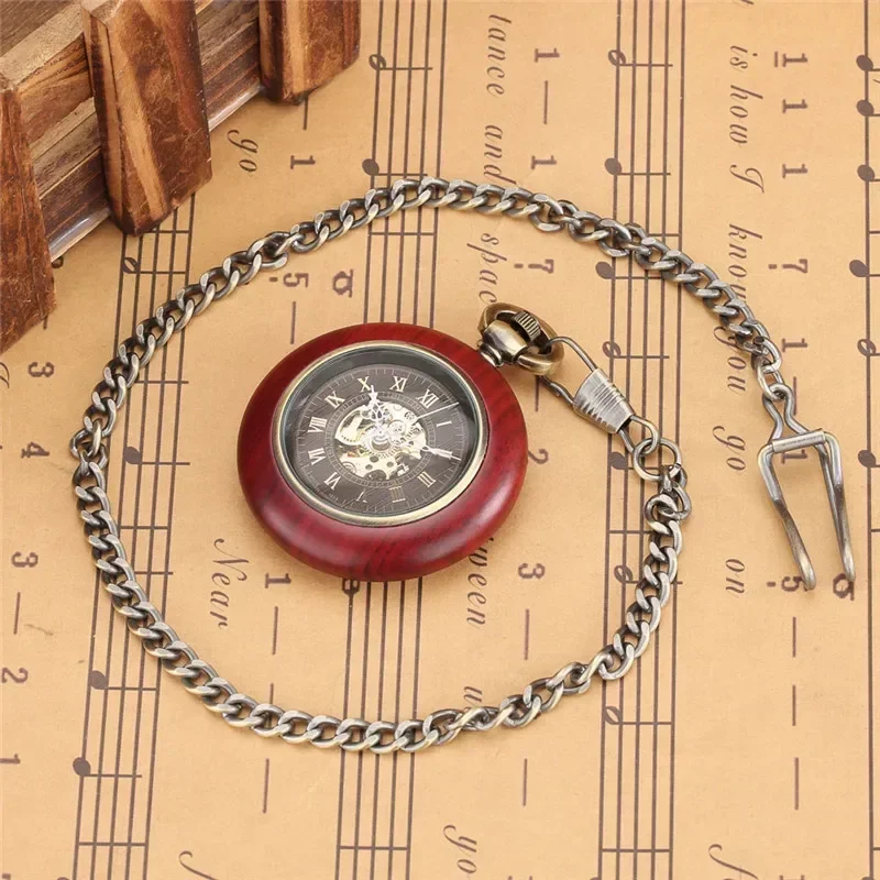 Retro Wooden Case Pocket Watch Unisex Skeleton Automatic Mechanical Watches Roman Number Dial Pendant FOB Clock Chain Reloj Gift