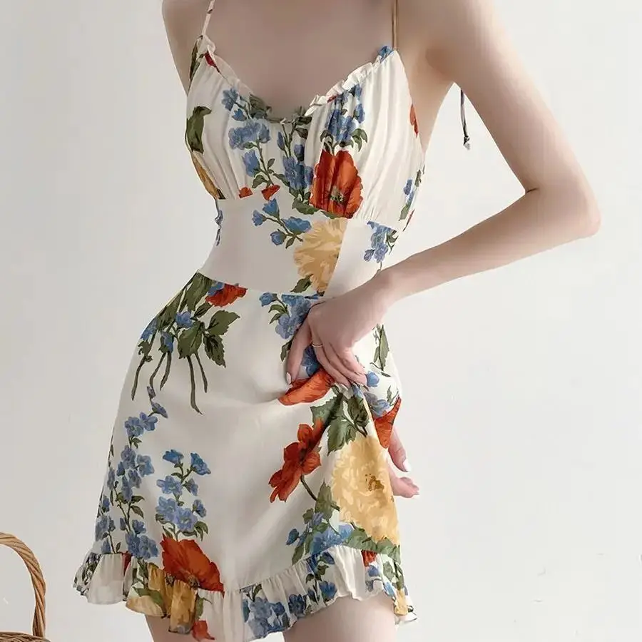 

Dress Spaghetti Strap Floral Print Summer For Women 2024 Sundress Vintage Elegant Party Midi Dress With Slimming Fairy Skirt