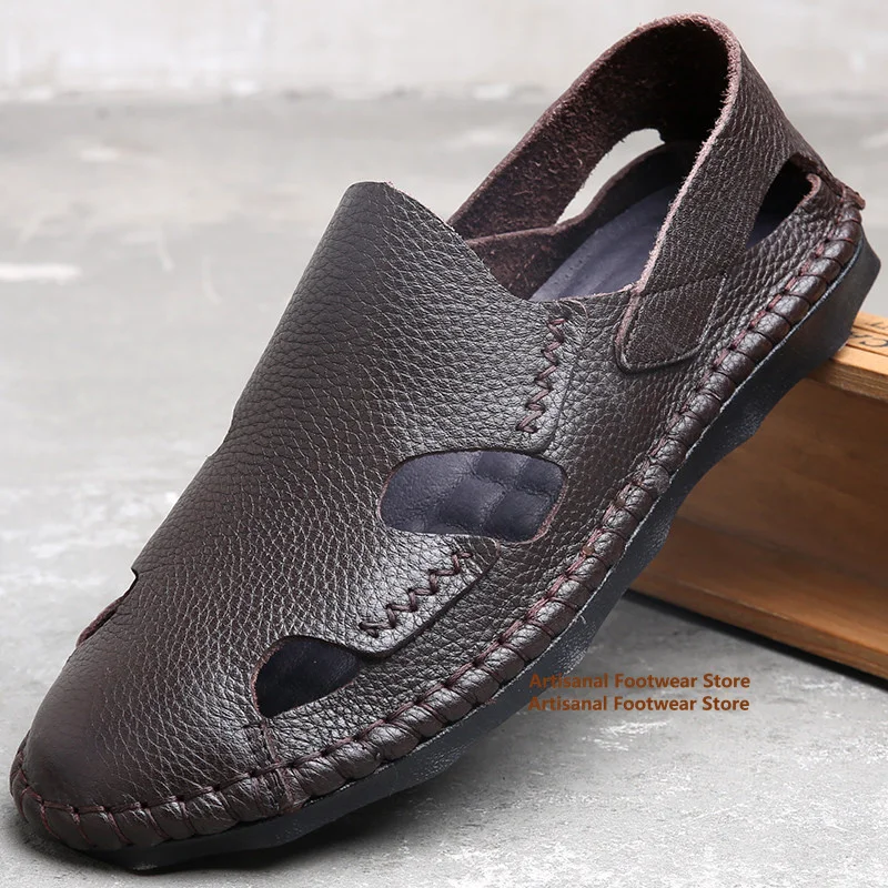 

Hollow Leather Men's Sandals Summer Beach Shoes Leather Sandals Men's Real Leather Non Slip Soft Leather Soft Bottom Men's Shoes