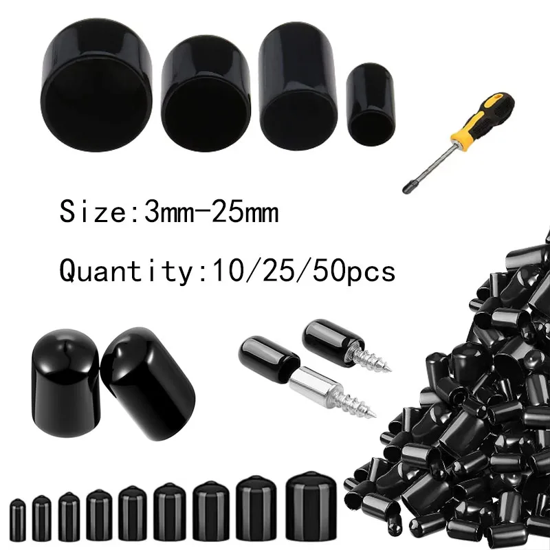 10-50pcs PVC Rubber End Caps, 3-25mm Threaded Pipe Caps, Steel Plastic Pipe Protector Tips, Assorted Size Kit