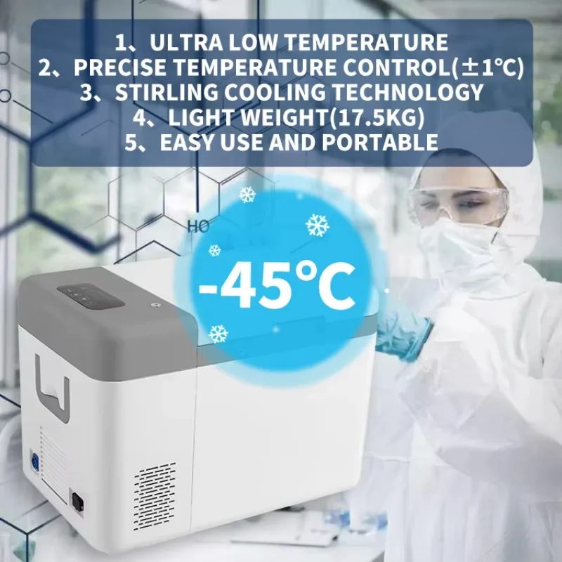 Refport Portable Ultra Low Temperature Freezer for Vaccine Storage -45C Stirling Cooling 25L 110/220V 1 Year Warranty