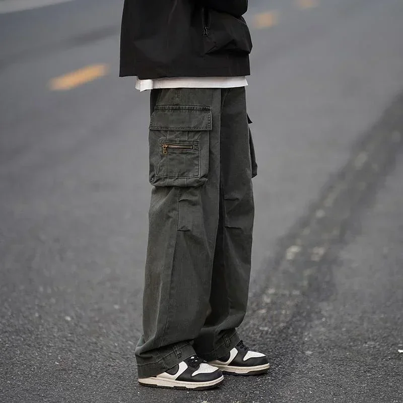 Men's Cargo Pants Wide Straight Male Trousers Biker Motorcycle Korean Style Baggy Cheapest Regular Fit Vintage Street Harajuku