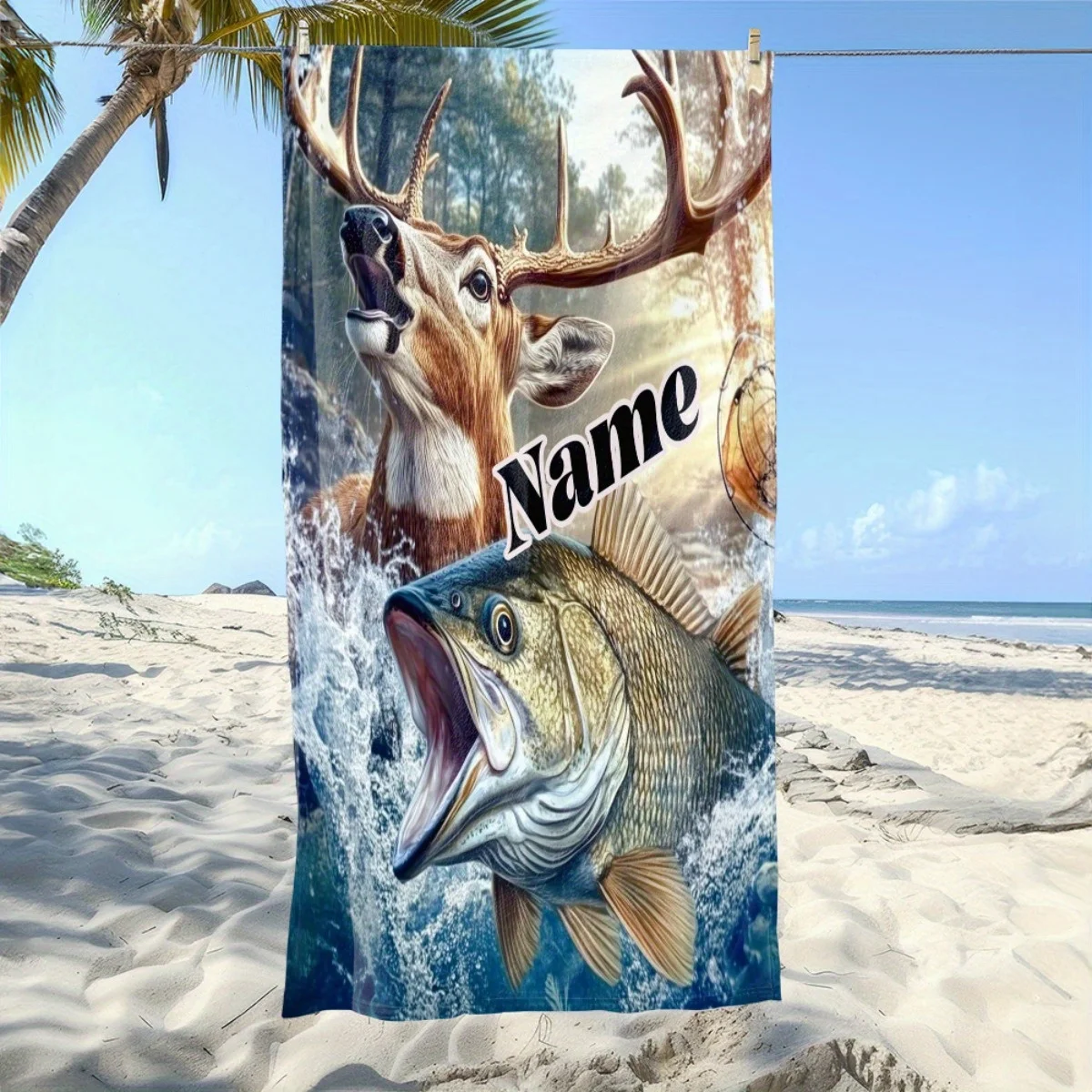Custom Deer and Bass Fish Beach Towel Personalized Name Print Soft Quick-Dry Large Bath Towel for Hunting Fishing Lovers