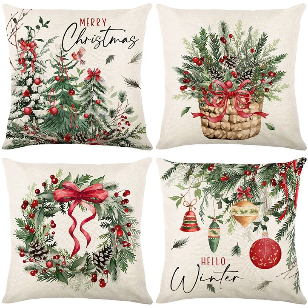 Christmas Throw Pillow with Santa Wreath Bell and Gift Patterns -Double-Sided Design,Soft Plush Cushion with Insert,Perfect Gift