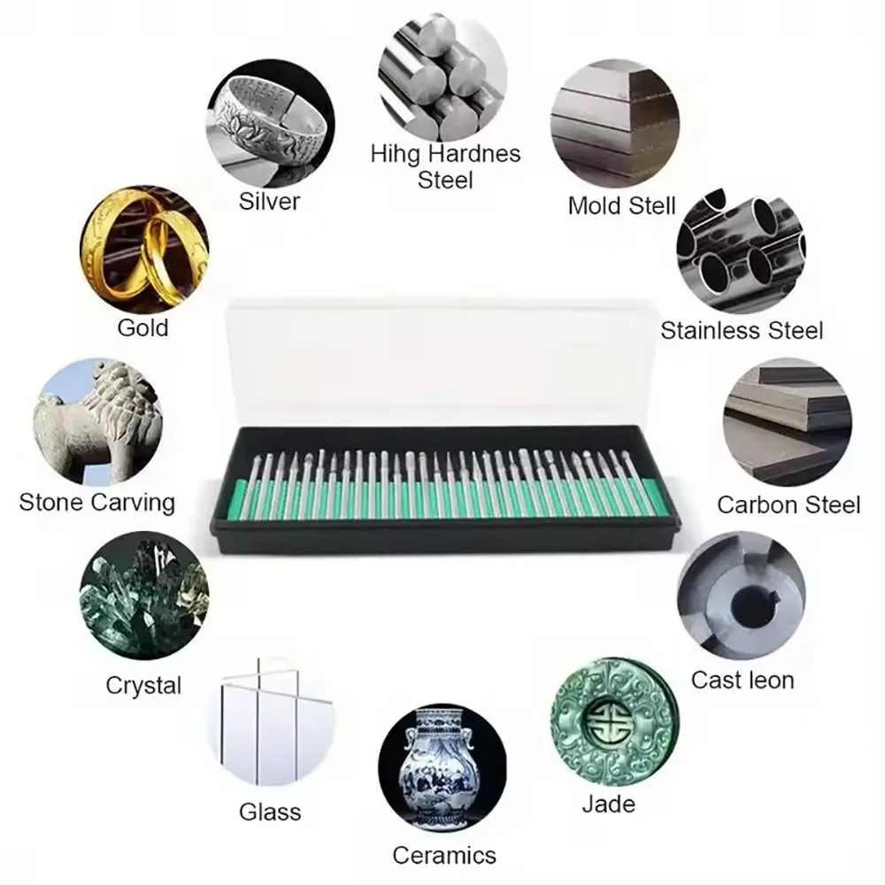 30Pcs Set Mata Bor Berlian 3/2.35mm Shank, Jarum Gerinda Berlian, Perkakas Tangan untuk Mengukir, Memoles, dan Mengamplas Kaca Keramik