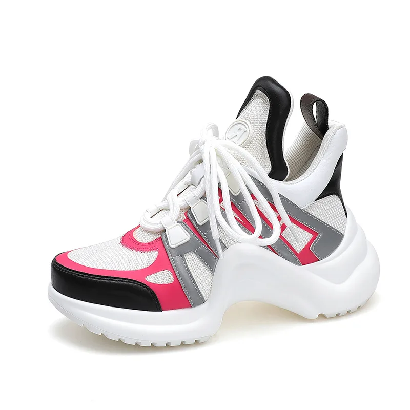 Loisirs PU maille respirant baskets femmes mode à lacets chaussures vulcanisées de luxe couleur mixte semelle épaisse femmes chaussures décontractées 2025
