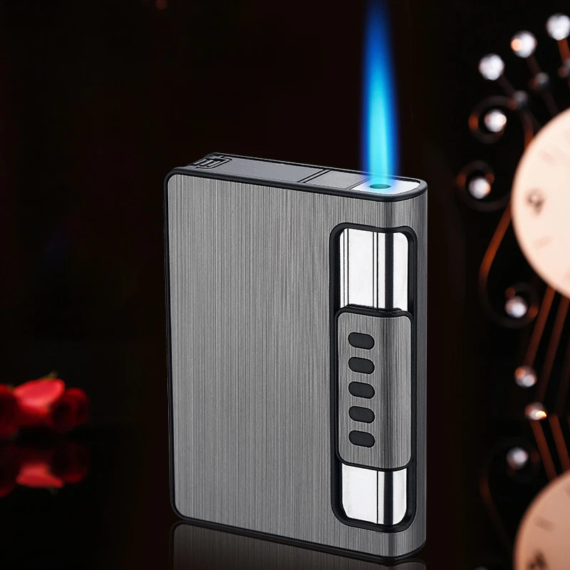 2 in 1 Automatic Cigarette Case with Inflatable Lighter Metal Compression Moisture Proof Cigarette Box Gadget Men's Gift