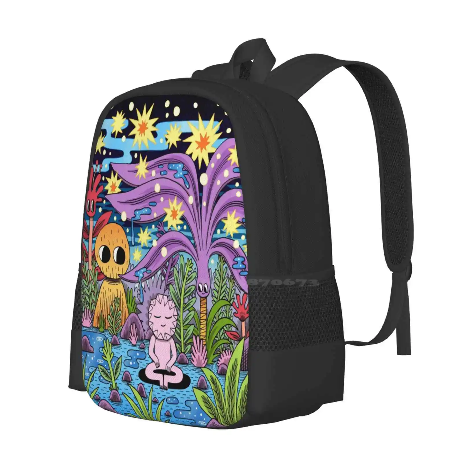 Meditation Hot Sale Schoolbag Backpack Fashion Bags Meditation Peace Characters Stars Night Sky Sleepy Cute Pink Purple Cosmic