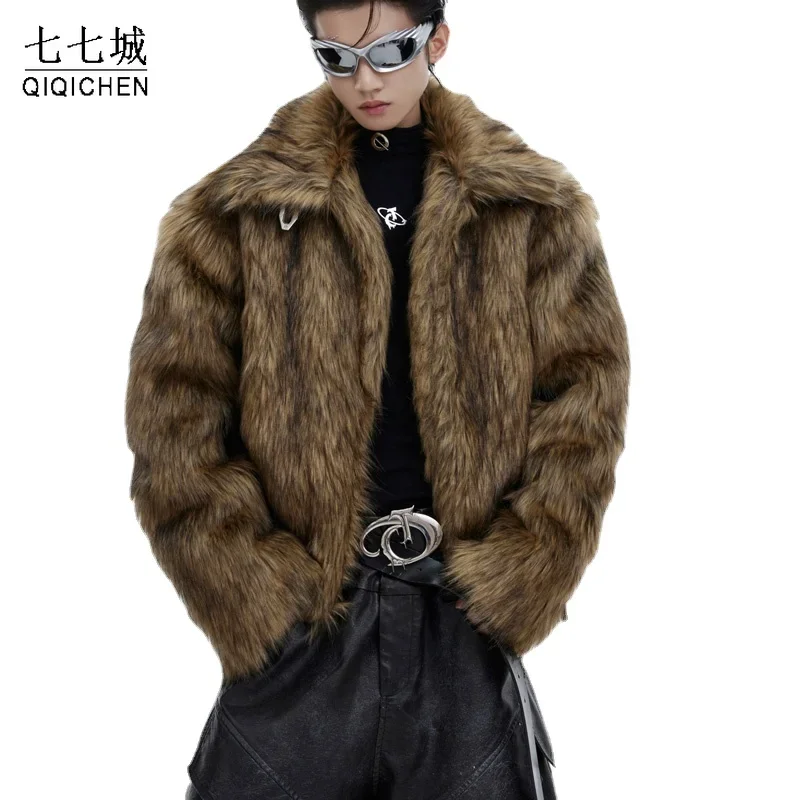 Hip Hop Faux Fur Jacket Men Vintage Large Turndown Collar Fleece Thick Jackets High Quality Casual Oversize Coat Male Streetwear