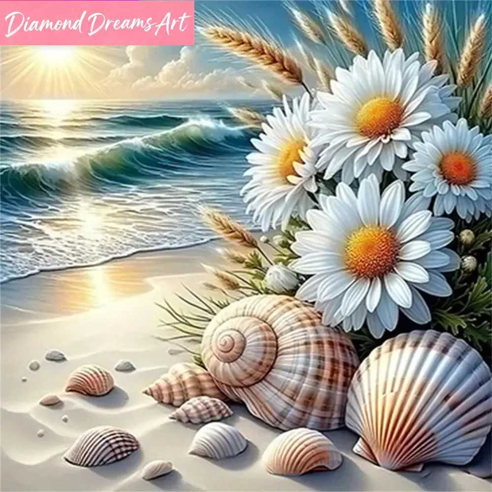 

Diamond Painting Seaside Landscape Mosaic Daisy Flower New Arrival Kits DIY Sunset Embroidery Shell Conch Handicraft,frameless