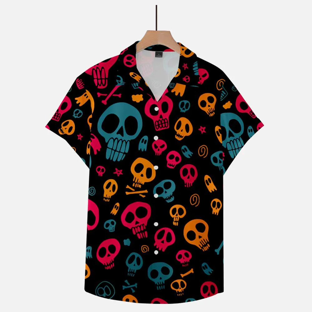 Retro Cartoon Horror Pumpkin Monster Tree Print Men's Short Sleeved Halloween Travel Loose Thin Collared Shirt