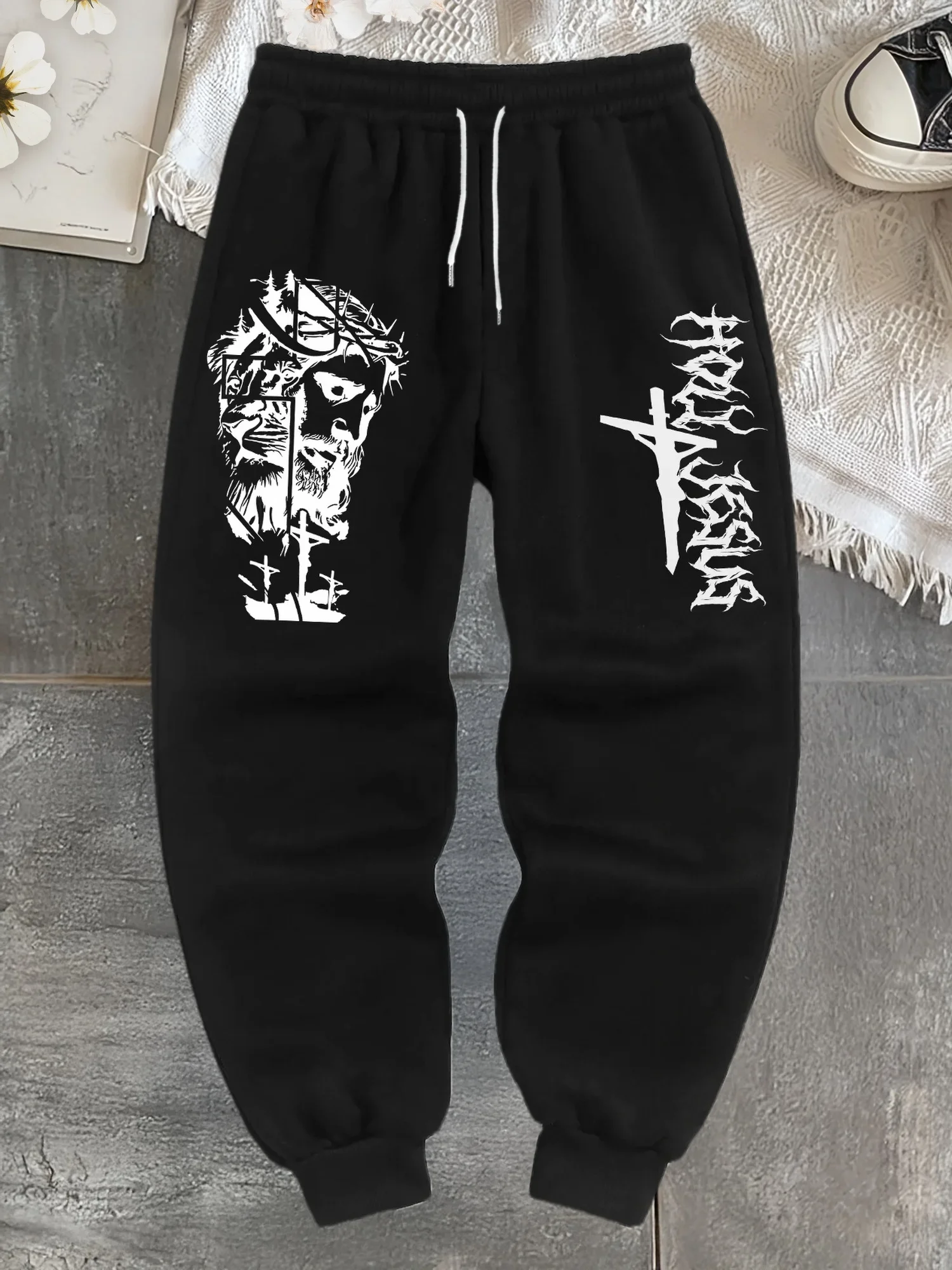 Jogger Trousers, Religious Lion Cross Graphic Print, Drawstring Elastic Waist, Gothic Streetwear Casual Cuffed Pants