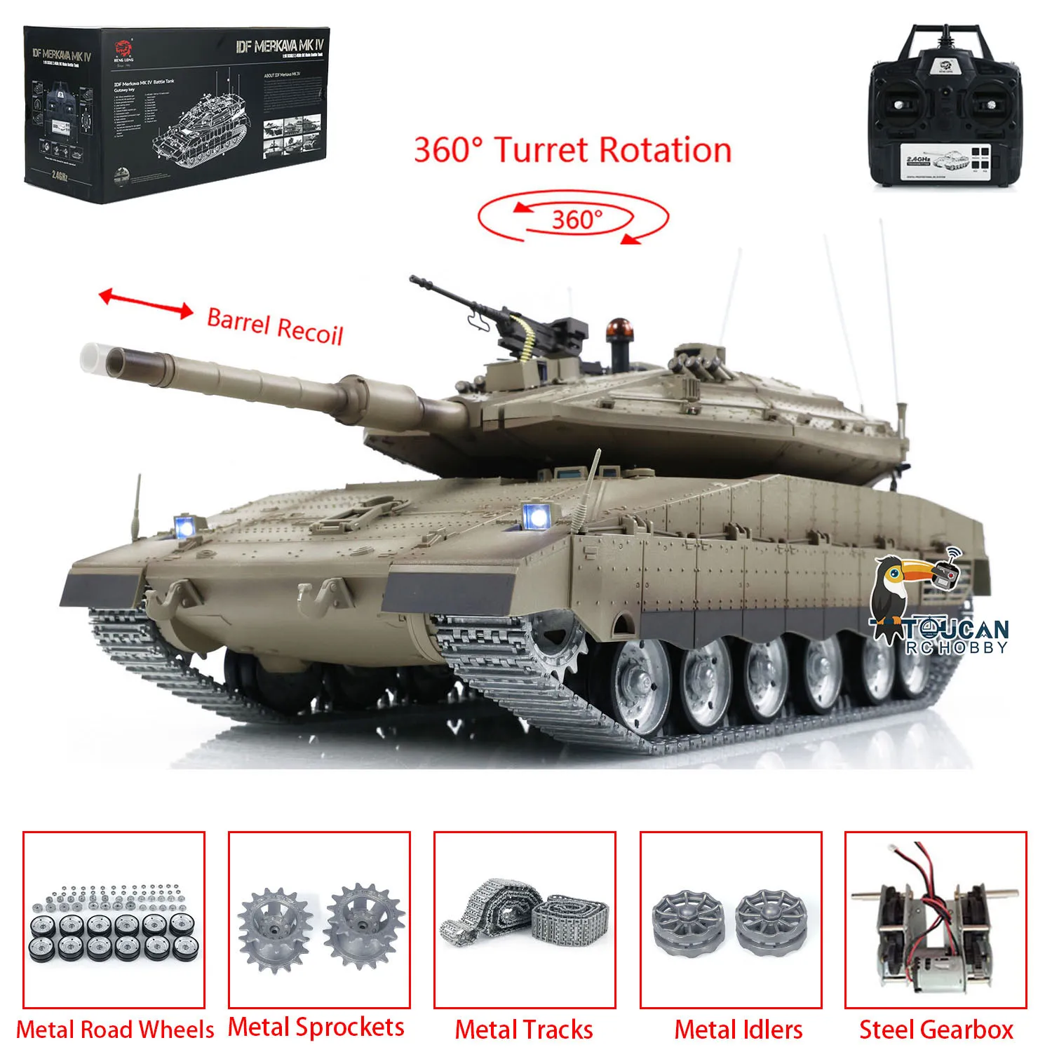 Henglong 1/16 Military RC Tank IDF Merkava MK IV Metal Tracks Road Wheels Idlers TK7.0 Remote Control Model Outdoors Toy TH22650