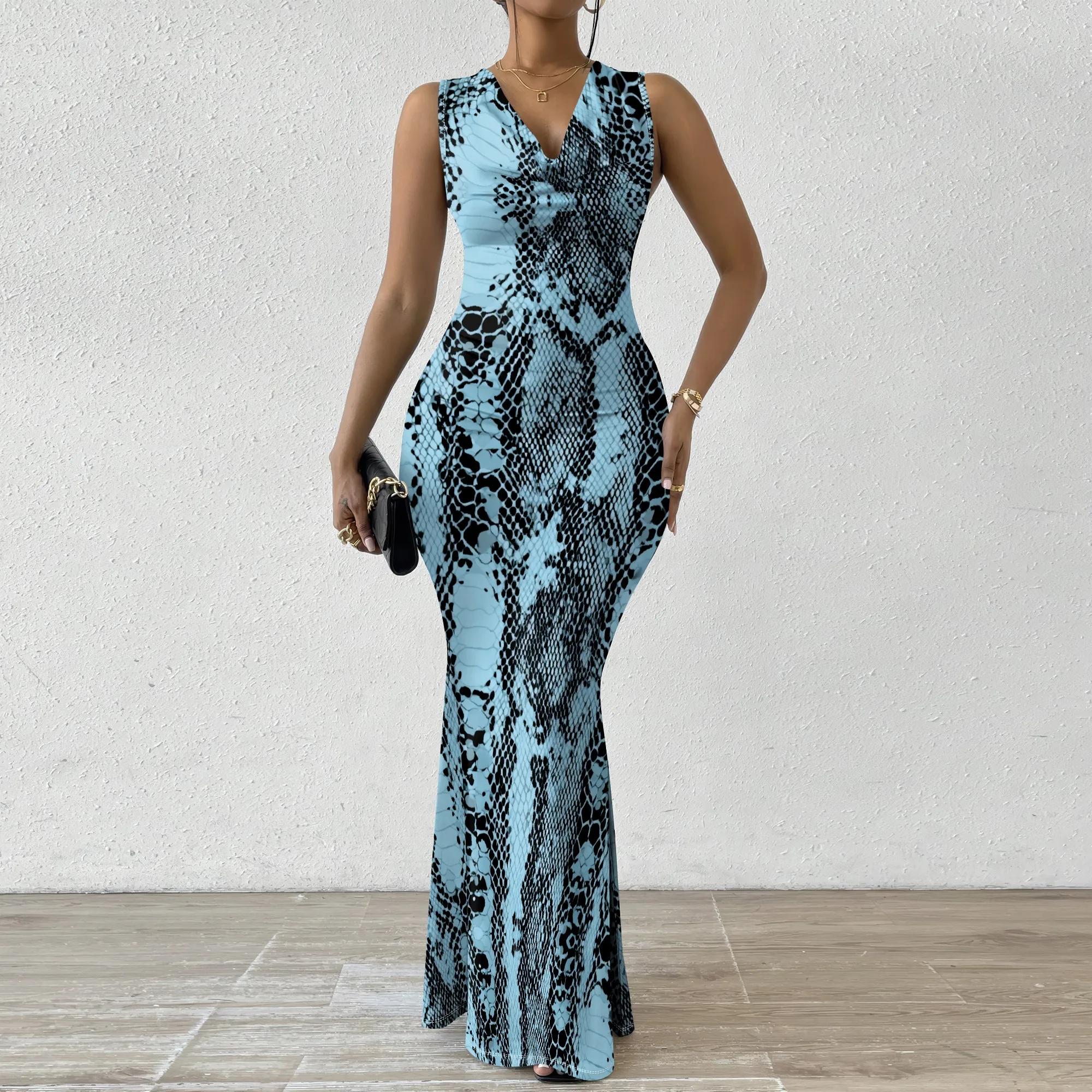 

Elegant Women's Mermaid Dress Sleeveless Cowl Neck Aqua Snakeskin Animal Print Bodycon Maxi Formal Evening Party Gown XS-2XL