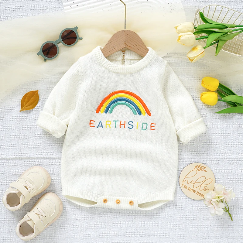 

Infant Baby Bodysuits Knitted Newborn Boy Girl Jumpsuit Long Sleeve Autumn Toddler Kid Clothing Fashion Cute Rainbow Romper Tops