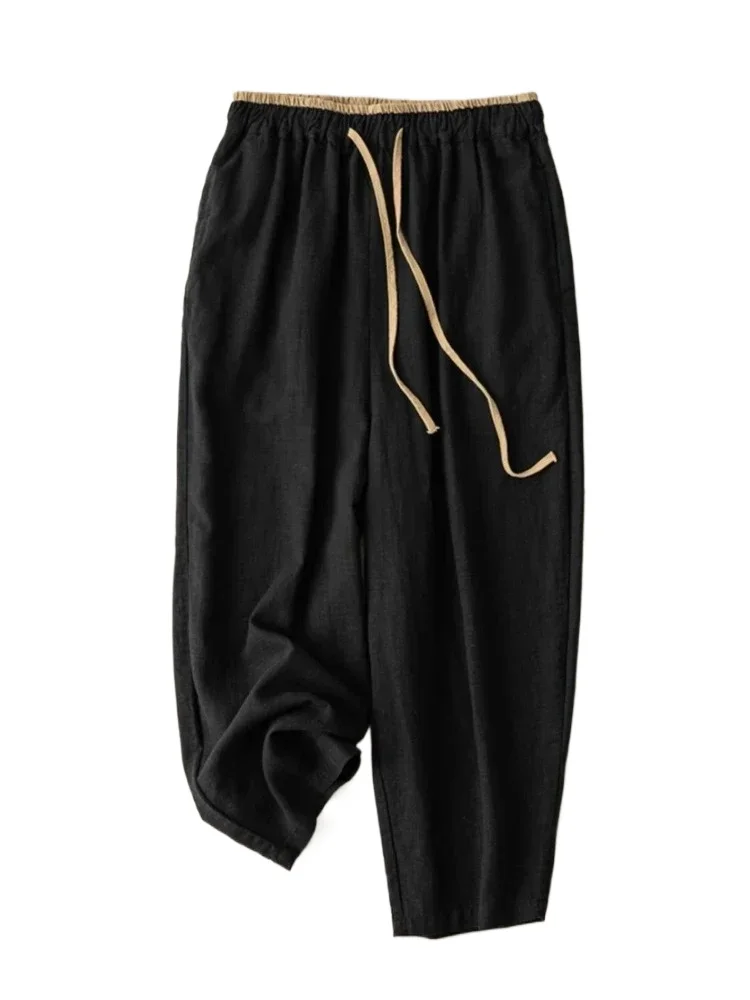 Summer Retro Cotton Linen Loose Harem Pants Elastic Drawstring Waist Casual Pants Basic Versatility Wide-leg Ankle-Length Pants
