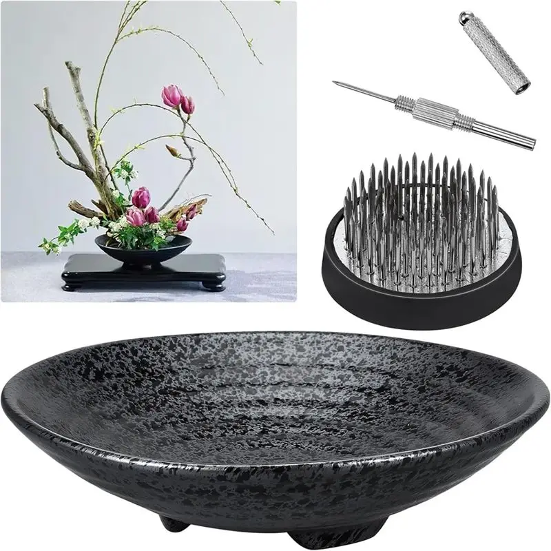 

A24F-Ikebana Kit Контейнер для цветов лягушки с инструментом для выпрямления иглы — черная цветочная лягушка 1,8 дюйма, ваза с чашей 6,7 дюйма