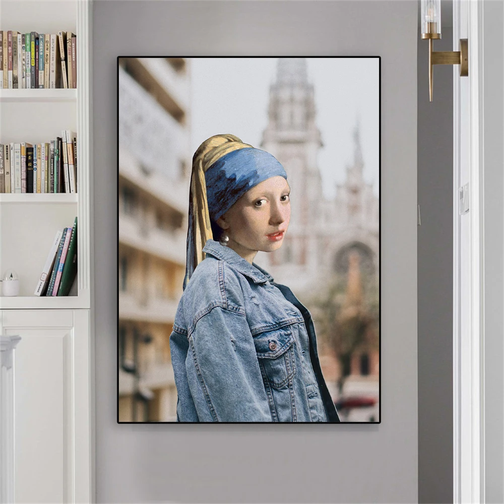 Modern Girl With A Pearl Earring Print Funny Art Girl Wearing Denim Wall Art Poster Living Room Bedroom Decor Canvas Painting