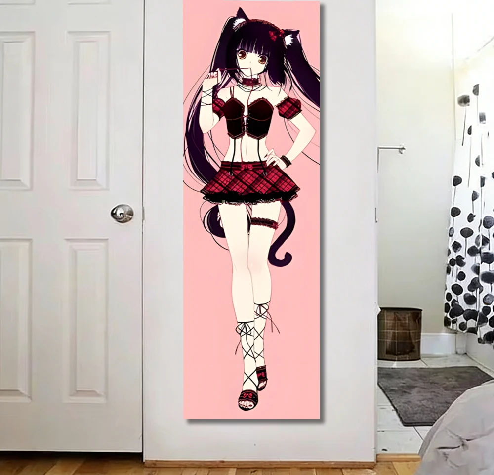 N-Nekopara Anime Vertical Narrow Tapestry Chocola Black Twin Tail Cat Girl Red Plaid Skirt Solid Pink Background Polyester Wall
