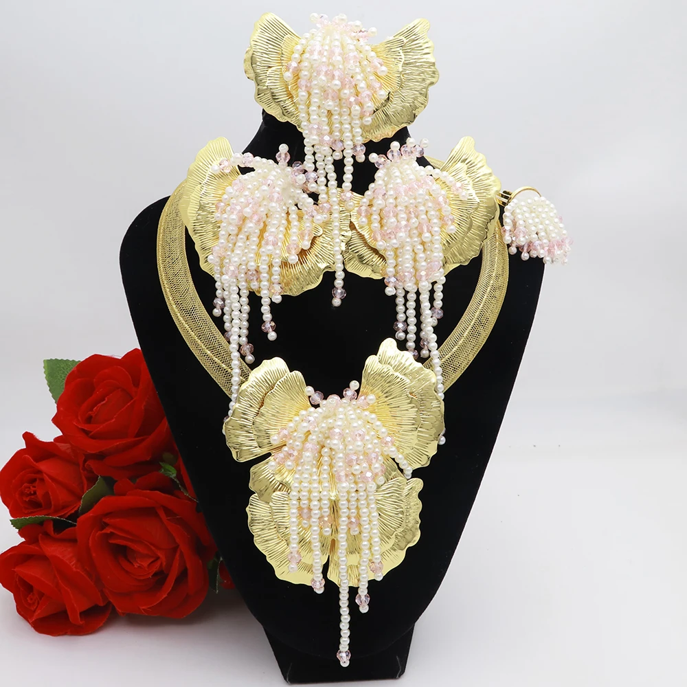 Italy Hot Selling 18k Gold Plated Jewelry Set Tassel Pearl  Necklace Earrings Bracelet Ring Wedding Party Accessories Trending