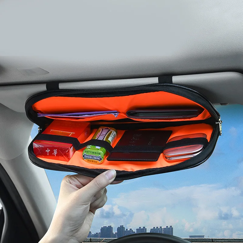 Car Sun Visor Organizer Multi-pocket Zipper Auto Truck SUV Storage Pouch Bills Pen Card Glasses Holder Car Accessories Gadget