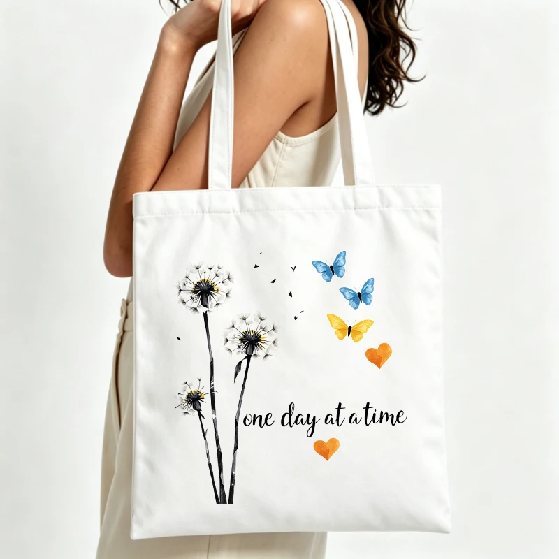 dandelion and butterfly print canvas tote bag, casual style for daily shopping and summer outings