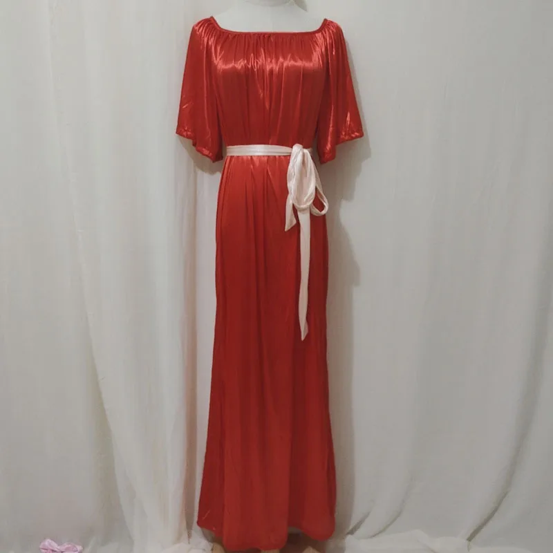 حجم كبير لمسة حريرية لامعة الرجال مثير فستان طويل المرأة الساتان قصيرة الأكمام فضفاضة فستان ماكسي رقيقة النوم رداء النوم