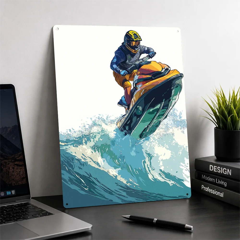 Jet Ski Water Sport Illustration 3D Texture Printed Poster Custom Vintage Metal Tin Plate Sign for Wall Art Bedroom Decorations