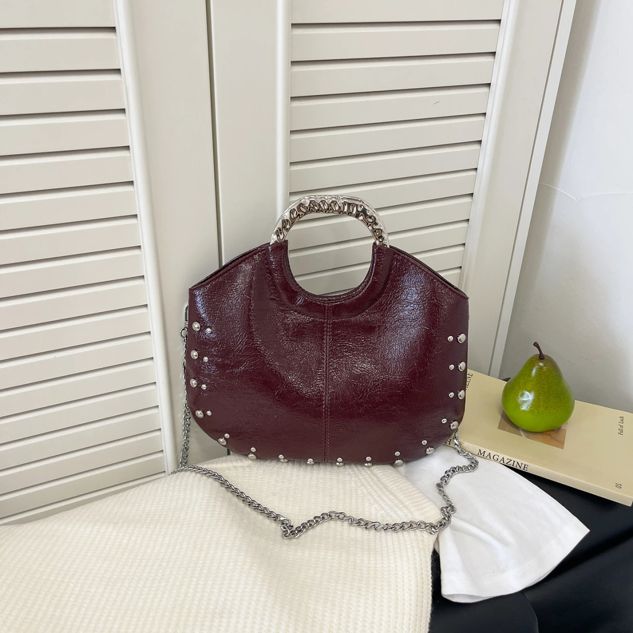 Women Vintage Rivet Handbag Retro PU Leather Crescent Shoulder Bag Removable Chain Crossbody Bag Fashion Y2K Hobo Tote Purse