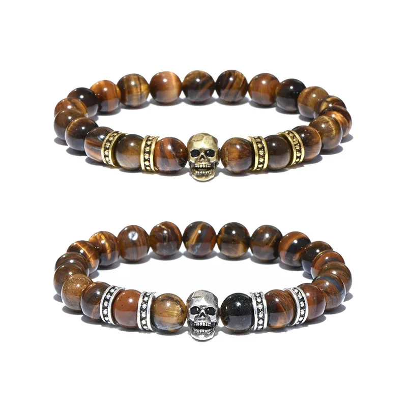 Vintage Schädel Armband für Männer Klasse ein 8mm natürliche Tiger Augen Stein Armband HipHop Rock Outdoor Sport Radsport Zubehör Joias