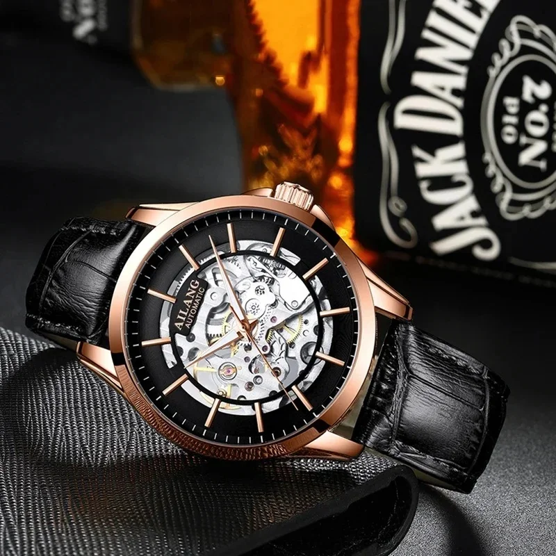AILANG 8629 Men's Luxury Automatic Watch Steel Strip Section Skeleton Dial Blue Leather Strap Waterproof Luminous Wristwatch