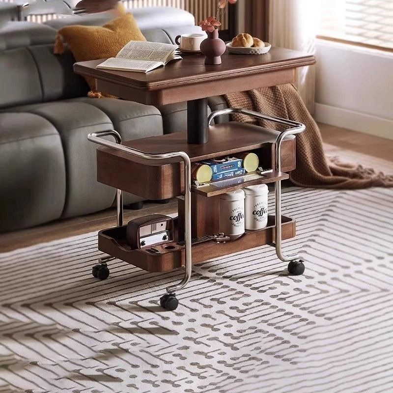 Wheeled living room coffee table, mobile sofa edge lift