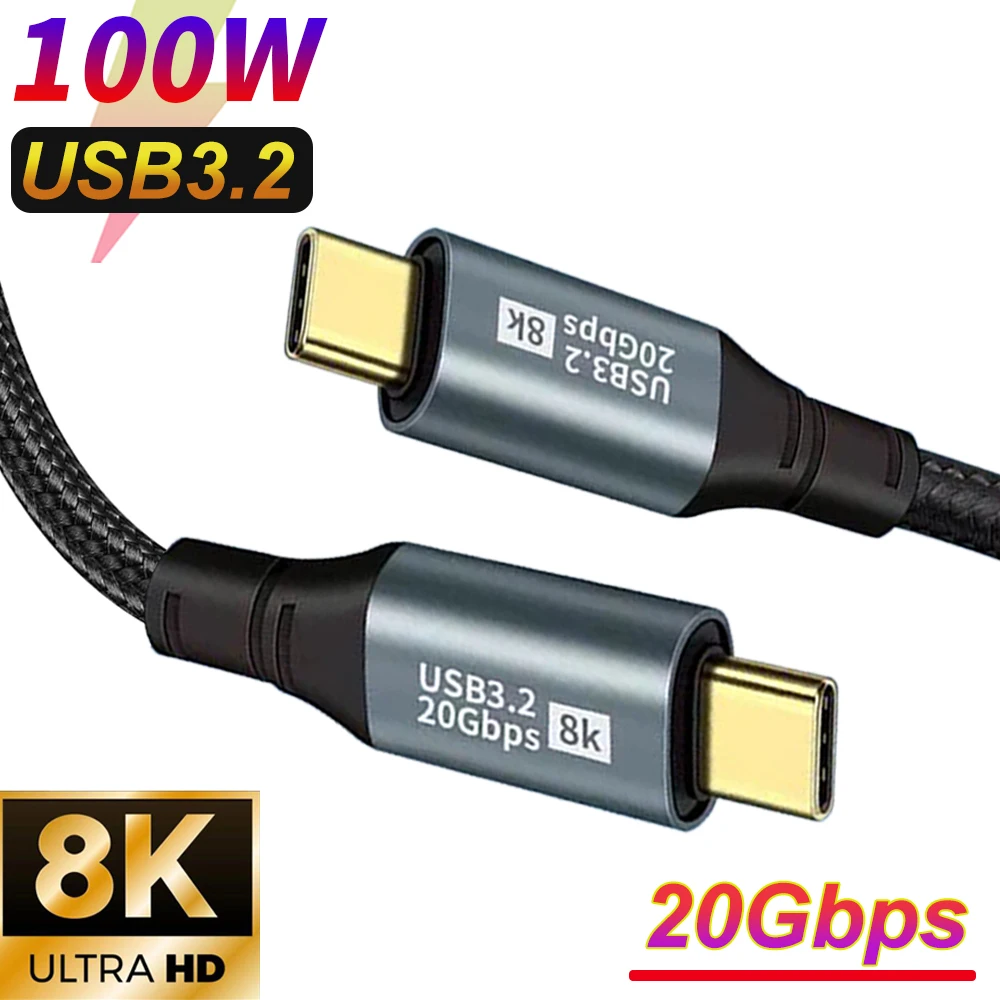Type C To USB C 100W PD Fast Charge USB-C Phone Data Cable 20Gbps USB 3.2 Transfer Cord For Xiaomi iPhone Huawei Oneplus Samsung