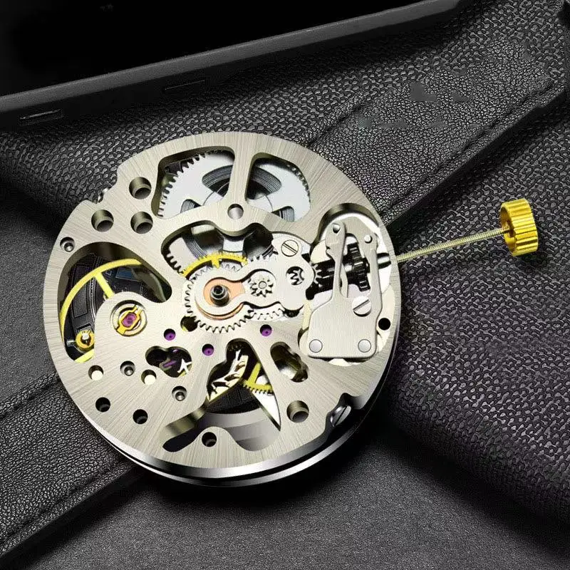 

White skeletonized movement, balanced balance, radial pattern automatic watch movement.