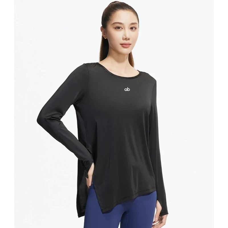 Women Cooling Ice Silk Long Sleeve Yoga Cover Up Loose Split Hem Breathable Fitness Workout T‑Shirt Plus Size Casual Sports Top