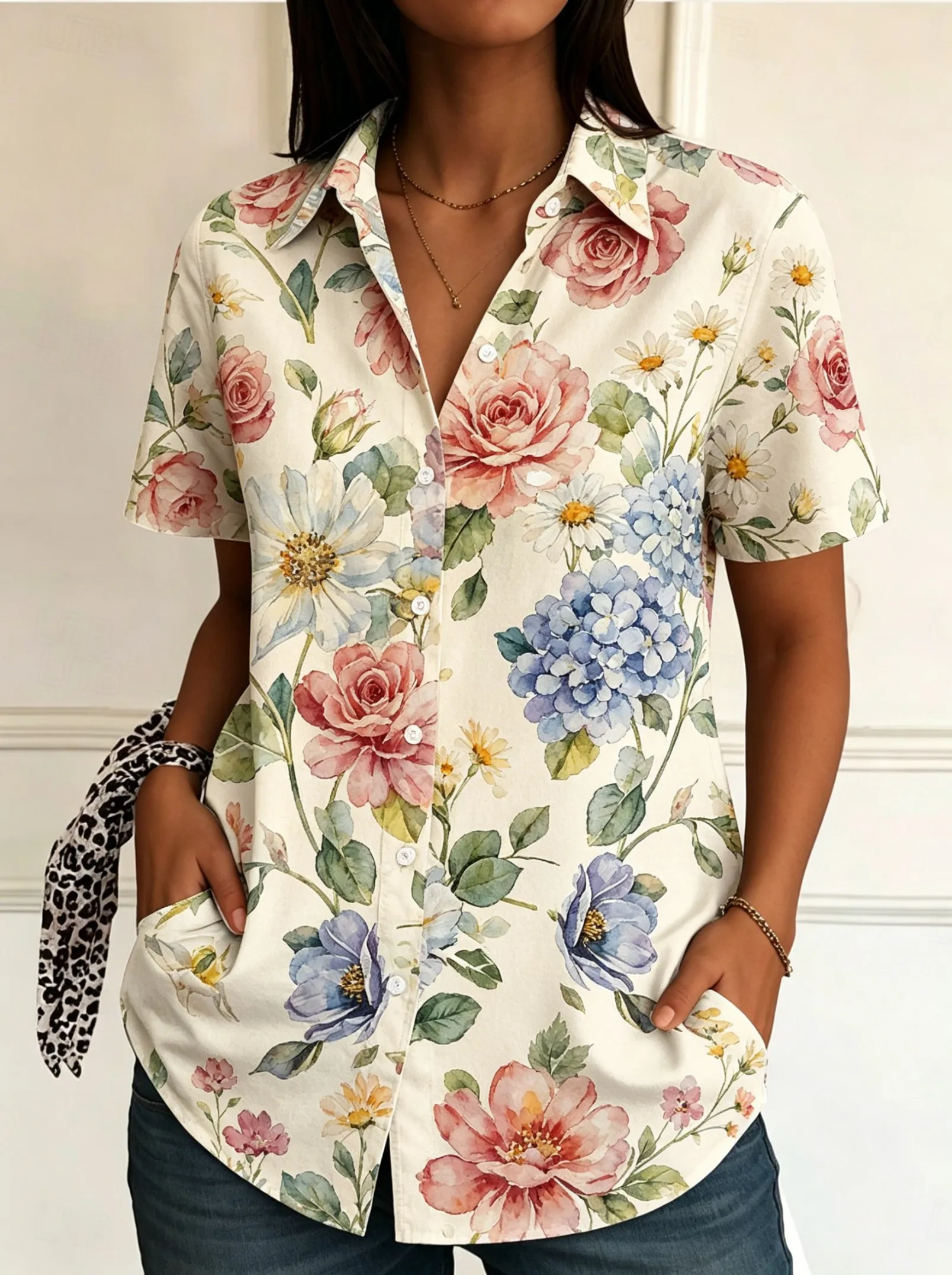 

Women's Short Sleeve Watercolor Floral Print Button Down Casual Shirt Elegant Daily Blouse Tops in Beige for Spring Summer