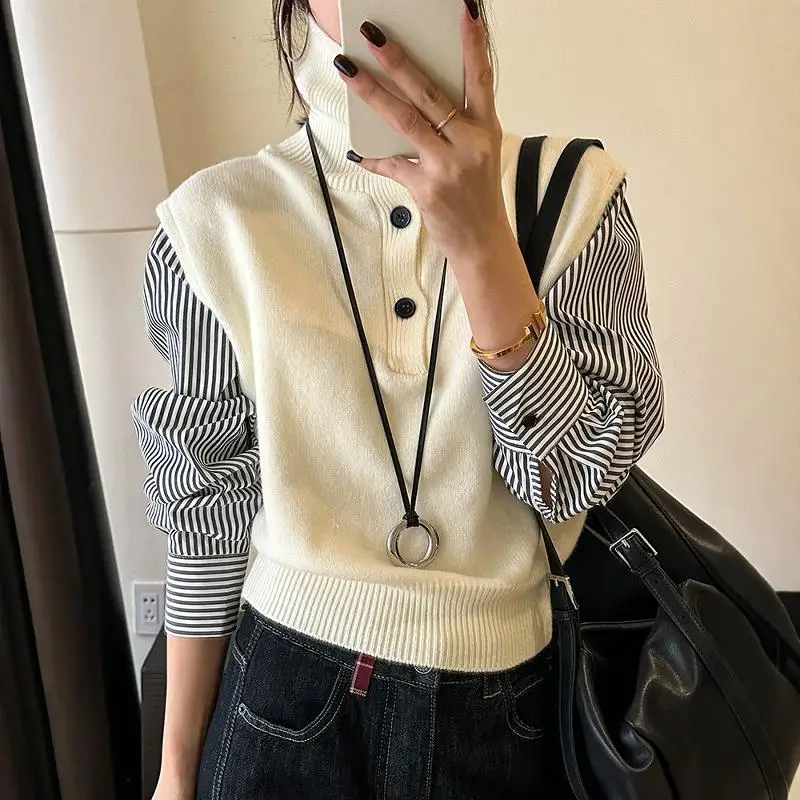 Lazy Wind Striped Splicing Fake Two-piece Knitted Sweater Women's Autumn And Winter New Loose Fashion Lapel Pullover Sweater