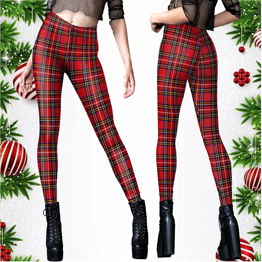 

Zawaland Red Striped Plaid Leggings Women's Slim Elasticity Mid Waisted Workout Christmas 3D Printing Leggins Fitness Leggings