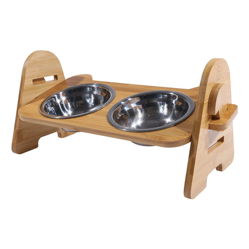 Bamboo Elevated Dog Bowls with Stand Adjustable Raised Puppy Cat Food Water Bowls Holder Rabbit Feeder for Small Medium Pet with