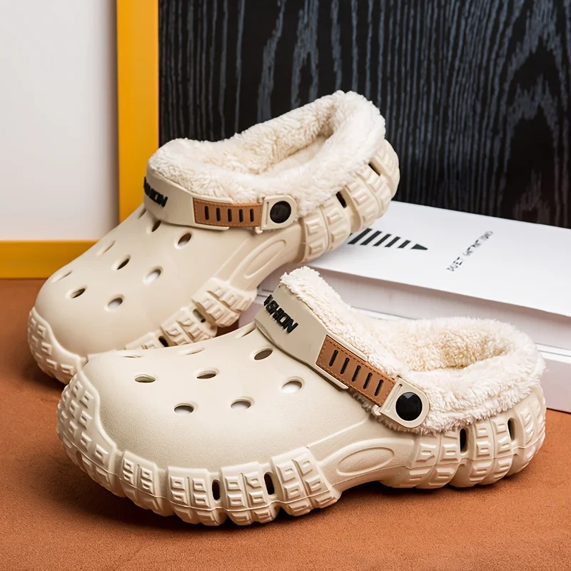 

Unisex lined hole shoes, winter removable thick sole slippers with warm lining for outdoor use, thick and warm cold-proof