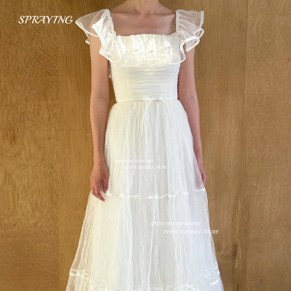 

SPRAYING Square Neck Korea Wedding Dress A Line Soft Tulle Bridal Gown Pleats Ruffles Garden Photoshooot Wedding Party Dresses