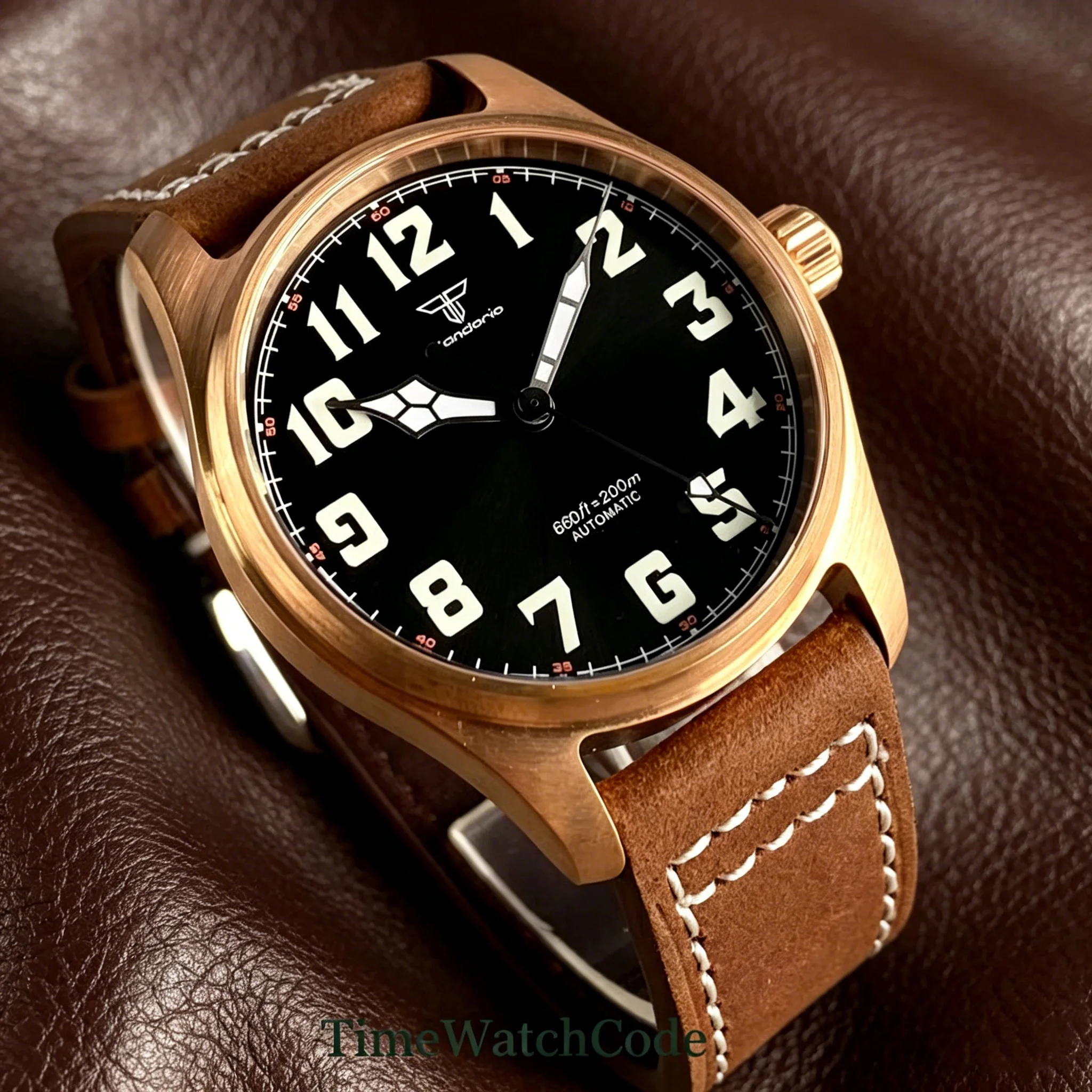 Tandorio 200m Diver Automatic Men's Watch MIYOTA8215 39mm Solid Bronze CUSN8 Sapphire Crystal Black Dial Date Leather Strap
