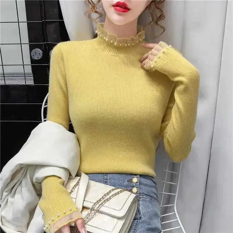 Ladies Lace Stitching Nail Bead Pullover Sweater Women Clothes Girls Autumn Casual Knitwear Female Woman Sweaters BPy1606