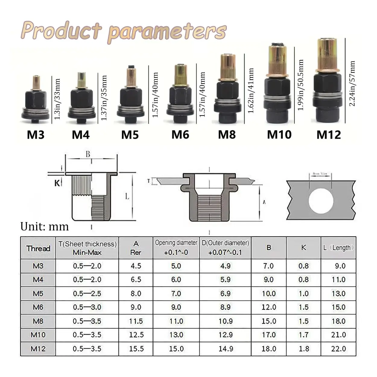 M3-M12 Carbon Steel Rivet Nut Tool Kit Manual Wrench Drill Compatible for Auto Repair Shelving Blind Rivet Installation