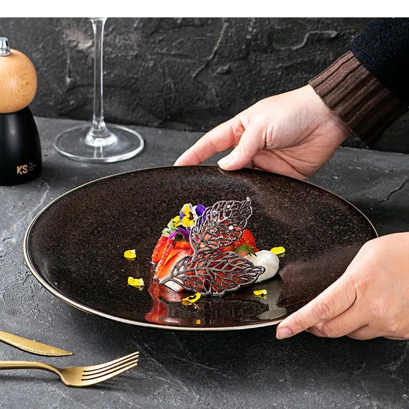 

Retro High Legged Ceramic Flat Plate Restaurant Steak Dessert Molecular Food Display Plates Specialty Tableware